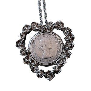 Vintage 50s Coin Necklace 1957 Six Pence in Heart of Flowers